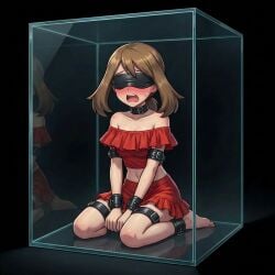 1girls 2d ai_generated ankle_cuffs arm_cuffs blindfold blue_eyes blush bondage brown_hair brunette_hair captured captured_heroine collar dark_background female female_focus female_only glass_container kneeling leg_cuffs light_skin may_(pokemon) midriff off_shoulder open_mouth pokemon ruffled_skirt ruffles wrist_cuffs