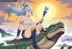 ai_generated anime aqua_(konosuba) artmochiia bandaged_leg bandages bare_shoulders big_breasts blue_footwear blue_hair blush boots breasts breasts_out cloud cloudy_sky collarbone curvaceous curvaceous_female curvaceous_figure curvy curvy_figure dragon evening fanart female female_focus female_only full_moon gradient_sky hair_rings horizon kono_subarashii_sekai_ni_shukufuku_wo! konosuba large_breasts lens_flare long_hair medium_breasts moon mountain mountainous_horizon navel nipples ocean orange_sky outdoors purple_sky red_sky sarashi sky solo staff sun sunset twilight uncensored voluptuous voluptuous_female yellow_sky