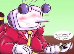 battat_(deltarune) begging dry_humping gloves laugh object_head sharp_teeth size_difference tenna_(deltarune)