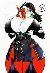 1girls ai_generated anger_symbol annoyed armwear belt belt_buckle belts big_breasts breast_window breasts breasts_bigger_than_head diabellstar_the_black_witch earrings expressionless eyelashes female female_only green_hair half_mask heavy_breasts holding_breast hood hood_up huge_breasts leather leather_clothing masked masked_female mayuai multicolored_hair pale-skinned_female pale_skin solo solo_female speech_bubble stockings tagme tits_bigger_than_head white_background white_hair yu-gi-oh!