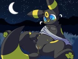 after_transformation anus black_body black_fur blue_eyes blush bodily_fluids breath chest_tuft clothing crescent_moon digitigrade eeveelution eyewear female feral fur generation_2_pokemon genital_fluids genitals glasses grass head_tuft hi_res implied_transformation moon night nintendo nulloffset outside pawpads plant pokemon pokemon_(species) shaded shirt sky solo spiral spiral_eyes spread_legs spreading star starry_sky teats topwear tuft umbreon vaginal_fluids vulva yellow_pawpads