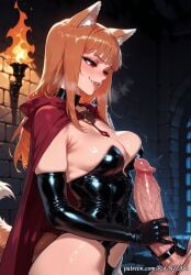 1boy 2025 ai_generated animal_ear_fluff animal_ears animal_tail anime bangs black_gloves black_leotard breasts breath brown_hair cape cat_ears cleavage crossover elbow_gloves erection explicit female female_focus fire gloves half-closed_eyes handjob handwear highres holo holo_(spice_and_wolf) hood hood_down huge_breasts indoors inside large_breasts latex leotard lips long_hair male nsfw parted_lips patreon penis red_eyes rognezart shiny smile smiling solo solo_focus spice_and_wolf straight sweat sweaty tail testicles torch uncensored veins veiny_penis very_long_hair wolf_ears wolf_girl wolf_tail