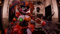 3d big_breasts cheeks clown_girl eyelashes five_nights_at_freddy's fnaf green_eyes heart-shaped_pupils lipstick monitor nipples_covered office pale_skin ragged_clothing render scrap_baby scrap_baby_(cosmic_trance) scrap_baby_(fnaf) skirt solo white_skin