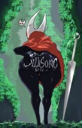 annoyed arachnid arthropod ass big_butt bodypaint butt_grab cloak cloak_only clothing female genitals hand_on_butt hand_on_own_butt hollow_knight_(franchise) hornet_(hollow_knight) mr.over plant plump_labia rear_view solo spider tagme team_cherry vulva weapon