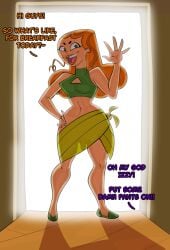 casual_exposure crop_top dialogue dickgirl doorway english_text flaccid flaccid_penis futa_only futanari going_commando green_eyes guillion_(toshkarts) hand_on_hip izzy_(tdi) long_hair orange_hair penis skirt smile smiling total_drama_island waving wide_hips