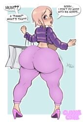 2023 2d anime_style ass ass_focus big_ass bimbo candace_crush cuddlecore ditzy female female_focus female_only high_heels high_res high_resolution huge_ass huniepop huniepop_2 looking_at_viewer looking_back pawg pink_hair puffer_jacket stripper tagme text thick thick_ass thick_hips thick_thighs wide_hips