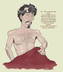1boy bed blanket checking_out checking_out_self checking_under_blanket comforter digital_drawing_(artwork) digital_media_(artwork) english english_dialogue erectile_dysfunction erection floppy_old_man_tits grateful grey_hair greying_temples hairy hairy_armpits hairy_arms hairy_chest hairy_male hazel_eyes impotent male_focus male_only mr_shrink no_visible_genitalia old_geezer old_male old_man old_man_adams older_male original original_character red_blanket salt_and_pepper_hair small_nipples solo solo_focus solo_male