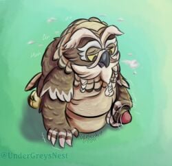 air_puff anthro arm_tuft avian beak beard belly big_belly bird black_beak braided_beard braided_hair breath_of_the_wild brown_body brown_feathers claws colored dialogue elderly_male facial_hair feather_hands feathers feet foreskin genitals green_background hair handjob head_tuft humanoid_genitalia humanoid_penis kaneli_(tloz) looking_at_genitalia looking_at_penis looking_pleasured male masturbation motion_lines moustache nintendo onomatopoeia open_beak open_mouth overweight overweight_male owl penile penis rito sex shaded shoulder_tuft signature simple_background solo sound_effects tail tail_feathers talons text the_legend_of_zelda toe_claws toes tuft undergreysnest watermark winged_arms wings