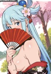 ai_generated anime aqua_(konosuba) aqua_hair artmochiia bare_shoulders big_breasts blue_eyes blush branch breasts breasts_out cherry_blossoms covering covering_breasts covering_mouth curvaceous curvaceous_female curvaceous_figure curvy curvy_figure falling_petals fanart female female_focus female_only flower folding_fan hair_ornament hair_rings hanami hand_fan holding_fan japanese_clothes kimono kono_subarashii_sekai_ni_shukufuku_wo! konosuba large_breasts long_hair looking_at_viewer nipples off_shoulder paper_fan petals petals_on_liquid pink_flower sideboob solo spring_(season) tree uncensored upper_body voluptuous voluptuous_female