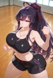 ai_generated ass bangs bare_shoulders bike_shorts black_shorts breasts cleavage clenched_hands date_a_live female hair_ribbon indoors large_breasts long_hair midriff minus5 navel ponytail purple_eyes purple_hair red_ribbon ribbon short_shorts shorts sidelocks solo sports_bra sweat thick_thighs thighs yatogami_tohka