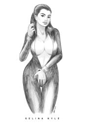 anne_hathaway batman_(series) big_breasts black_and_white bodysuit breasts catwoman catwoman_(the_dark_knight_rises) curvaceous curvy curvy_figure dc dc_comics female female_only hawkgirl_(artist) huge_breasts large_breasts monochrome realistic selina_kyle solo solo_female the_dark_knight_rises unzipped unzipped_bodysuit