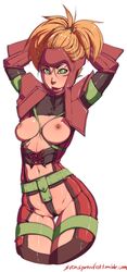 al_bhed_eyes alternate_costume arms_up blonde_hair breastless_clothes breasts cropped_legs female female_only final_fantasy final_fantasy_x green_eyes highres looking_at_viewer nipples partially_visible_vulva ponytail rikku simple_background solo svenners tied_hair white_background