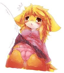 artist_request blonde_hair brown_eyes canine furry lift_skirt long_hair pantyshot