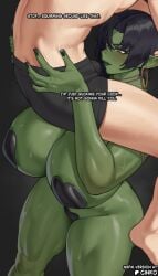 4:7 berzoka_(cinko) big_breasts biped black_clothing black_hair breasts bulge cinko clothed clothing dialogue duo ear_piercing ear_ring english_text female glistening glistening_body green_hair hair hi_res huge_breasts humanoid larger_female maebari male male/female not_furry orc pasties piercing ring_piercing size_difference smaller_male speech_bubble text thick_thighs