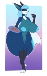 2022 anthro areola big_areola big_breasts big_tail black_choker black_hands black_jewelry black_necklace black_nose black_sclera blue_areola blue_body blue_hair blue_nipples bob_cut bodily_fluids breasts canid canine choker cookie digital_drawing_(artwork) digital_media_(artwork) dipstick_tail eyebrows eyelashes feet female food fox fur genitals gold_nipple_piercing hair hi_res hindpaw holding_cookie holding_food holding_object holding_plate huge_breasts hyper hyper_breasts innie_vulva jewelry lactating long_ears looking_at_viewer louise_lupine mammal markings milk_drip multicolored_body necklace nipple_piercing nipples outline paws piercing signature simple_background smile solo standing tail tail_markings thick_thighs torou vulva white_body white_fur yellow_eyes