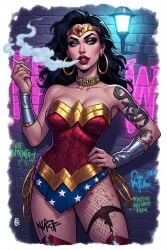 1girls ai_generated black_hair cigarette collar corruption dc dc_comics fake_art gold_collar prostitute prostitution smoking tagme tattoo whore wonder_woman wonder_woman_(series)