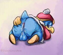 after_sex anthro anus ass avian balls balls_on_ground beak bedroom_eyes big_butt bird blue_body blue_feathers bodily_fluids butt_focus clothed clothing colored cum cum_in_ass cum_inside cum_leaking_from_ass cum_leaking_out cum_on_balls cum_on_butt feathers footwear genital_fluids genitals gloves gradient_background half-closed_eyes handwear headgear headwear inviting_to_sex king_dedede kirby_(series) looking_back lying male narrowed_eyes nintendo on_front overweight overweight_male penguin presenting presenting_hindquarters raised_tail red_clothing red_headwear red_helmet robe seductive shaded shoes signature simple_background solo spread_butt spreading tail tail_tuft tuft undergreysnest watermark yellow_beak yellow_clothing yellow_footwear yellow_gloves yellow_handwear yellow_shoes