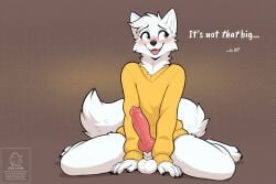 ai_generated animal_genitalia anthro arctic_fox balls big_penis blue_eyes blush bodily_fluids bottomless brown_background bushy_tail canid canine clothed clothing dialogue english_text erection femboy fox fur furry genital_fluids genitals hi_res knot looking_away male mammal nervous_smile open_mouth open_smile penis precum presenting presenting_penis sheath shirt shy simple_background sitting smile solo sweater sweater_only tailupsd text textured_background topwear topwear_only wariza watermark white_body white_fur yellow_clothing yellow_shirt yellow_topwear