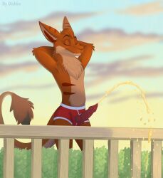 animal_genitalia animal_penis anthro bodily_fluids closed_eyes clothed clothing digital_media_(artwork) dishka erection fur genital_fluids genitals hands_behind_head hi_res knot knotted_penis male male_peeing outside peeing peeing_while_erect penis plant smile solo standing tail teeth topless topless_anthro topless_male tuft underwear underwear_only urine urine_stream zorgoia