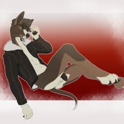 1:1 4_toes 5_fingers anthro ass athletic athletic_anthro athletic_male balls bambii_dog birthmark black_nose black_penis bottomless brown_body brown_fur brown_hair bull_terrier canid canine canis circumcised claws clothed clothing digital_drawing_(artwork) digital_media_(artwork) domestic_dog eyewear fangs feet fingers flaccid fur genitals glans hair hi_res howard_wright hunting_dog jacket leather leather_clothing leather_jacket leather_topwear licking licking_lips looking_at_viewer male mammal markings multicolored_body multicolored_fur muscular muscular_anthro muscular_male navel nude pawpads pecs penis pointy_ears pompadour shirtless solo sunglasses teeth terrier toes tongue tongue_out topwear yellow_eyes