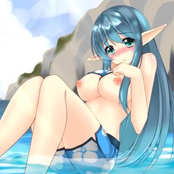 areolae blue_hair blush breasts breasts_out female green_eyes highres large_breasts long_hair lottie_(pso2) nipples partially_submerged phantasy_star phantasy_star_online_2 pointy_ears sogaya solo swimsuit