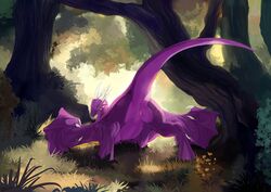 2016 absurd_res aetas all_fours anus black_eyes detailed_background dragon female feral forest frill green_sclera hi_res horn looking_at_viewer looking_back membranous_wings outside presenting presenting_pussy purple_skin pussy quadruped raised_tail rear_view scalie slit_pupils smile solo tree velannal western_dragon wings