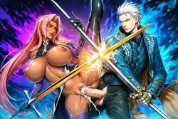 ai_generated aura conception confident_female confident_smile crossover cum_in_pussy cum_inside dangerous_sex dark-skinned_female demon devil_may_cry devil_may_cry_(series) fighting fucking fucking_pussy huge_breasts impregnation ingrid_(taimanin_asagi) large_breasts mating standing_split sword sword_clash swords taimanin_(series) taimanin_yukikaze vaginal_penetration vergil_(devil_may_cry) violent_sex