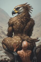 2boys ai_generated anilingus anthro anthro_on_human ass ass_worship avian beak between_ass between_buttocks big_ass bird dominant dominant_male domination duo eating_ass facesit facesitting falcon feathers furry furrypornaddiction gay human human_on_anthro larger_anthro larger_male male male/male male_only mountain muscular muscular_back muscular_male size_difference smaller_human smaller_male tail tan_skin