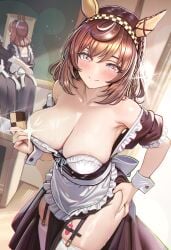 3girls absurdres alternate_costume animal_ears apron areola_slip armpits asdkd123 bare_shoulders black_dress blush braid breasts brown_hair buena_vista_(umamusume) checkerboard_cookie checkered_hairband cleavage closed_mouth commentary_request cookie dress ear_covers enmaided food frilled_apron frills garter_straps hairband hand_on_own_hip heart heart-shaped_pupils highres holding holding_cookie holding_food horse_ears horse_girl horse_tail indoors large_breasts light_particles looking_at_viewer maid maid_apron medium_hair multicolored_hair multiple_girls off_shoulder purple_eyes side_braids skindentation smile solo_focus sparkle streaked_hair sweatdrop symbol-shaped_pupils tail thick_thighs thighhighs thighs umamusume vibrator_in_thigh_strap white_apron white_hair white_streaks white_thighhighs white_wrist_cuffs wrist_cuffs yellow_hairband