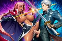 ai_generated aura conception confident_female confident_smile crossover cum_in_pussy cum_inside dangerous_sex dark-skinned_female demon devil_may_cry devil_may_cry_(series) fighting fucking fucking_pussy hand_on_another's_waist huge_breasts impregnation ingrid_(taimanin_asagi) mating sword sword_clash swords taimanin_(series) taimanin_yukikaze vaginal_penetration vergil_(devil_may_cry) violent_sex