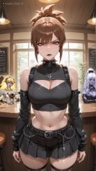 2girls 3girls ai_dota_ai ai_generated artist_name bare_shoulders belt belt_buckle black_belt black_nails black_shirt black_skirt blonde_hair breasts brown_eyes brown_hair buckle cake cake_slice ceiling_light chains cleavage cleavage_cutout clothing_cutout colored_skin cowboy_shot crop_top cross cross_earrings cross_necklace crossed_arms detached_sleeves dota_2 drow_ranger earrings fishnet_thighhighs fishnets food goth_fashion grey_skin high_ponytail indoors jewelry large_breasts lipstick long_hair looking_at_viewer makeup marci midriff miniskirt multiple_girls nail_polish navel necklace parted_lips pleated_skirt ponytail purple_lips purple_skin red_eyes shirt skirt solo_focus standing stomach thighhighs thighs valora_the_dawnbreaker white_hair zettai_ryouiki