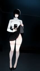 1girls ai_generated black_hair black_skirt chainsaw_man female female_only fully_clothed fully_clothed_female makima_(chainsaw_man) no_panties phone skirt_lift solo thighhighs white_thighhighs zloimakak