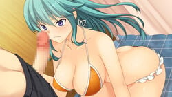 akinashi_yuu ao_no_kanata_no_four_rhythm ao_no_kanata_no_four_rhythm_-es- ass bare_arms bare_legs bare_shoulders bikini blush breasts butt_crack censored dutch_angle erection female game_cg green_hair highres indoors kneeling large_breasts long_hair looking_at_another mosaic_censoring penis purple_eyes solo_focus standing suzumori