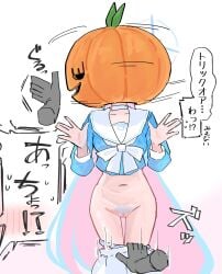 arona_(blue_archive) arona_(blue_archive)_(cosplay) bagaponchi blue_archive blue_hair blue_halo blue_shirt choker clothes_pull colored_inner_hair commentary_request cosplay disembodied_hand female female_pubic_hair general_student_council_president_(blue_archive) halo highres long_hair long_sleeves multicolored_hair navel panties panty_pull pink_hair pubic_hair pulling_own_clothes pumpkin_on_head pussy shirt skirt skirt_pull solo_focus speech_bubble translation_request underwear very_long_hair white_choker white_skirt