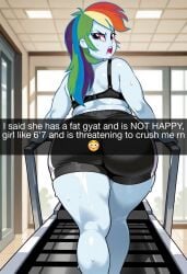 ai_generated annoyed annoyed_expression ass ass_focus bbw booty_shorts bra daballsman equestria_girls fat fat_ass gym_clothes gym_shorts gym_uniform hotpants illustrious_(stable_diffusion) my_little_pony overweight rainbow_dash_(mlp) snapchat solo wide_hips