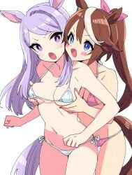 2girls angry_expression belly bigoniisan bikini bikini_only blue_eyes brown_hair cute cute_face female/female female_behind_female flat_chest flat_chested fondling_breast grabbing_another's_breast grabbing_from_behind hands_on_breasts horse horse_ears horse_girl horse_tail implied_yuri mejiro_mcqueen_(umamusume) midriff petite petite_body petite_female purple_eyes purple_hair sexy sexy_body skimpy skimpy_bikini skinny_female slender_body small_breasts tiny_breasts tokai_teio_(umamusume) touching_breast tummy umamusume umamusume_pretty_derby yuri