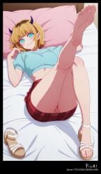 1girl 4k 8k ai_generated anime bangs bed blonde_hair blue blunt body breasts content crop demon down earrings explicit eyes feet_up feets female five_toes full hair high horns jewelry legs legs_up lying masterpiece mature medium memcho mini nsfw on oshi_no_ko pencil perfect plaid polished pose quality resolution sandals screencap seductive sexy short skirt smile soles solo stilettos tight toenails toes top up vagina view