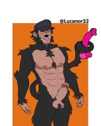 1boy artist_request black_fur chimpanzee chimpanzee_humanoid chimptopia color looking_at_viewer male male_focus male_only naked naked_male open_eyes robby_(chimptopia) simple_background smile standing twitter_link