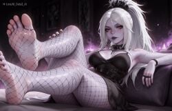 ai_dota_ai ai_generated armpits artist_name black_lips black_nails breasts collar colored_skin dota_2 dress drow_ranger feet female fishnet_pantyhose fishnets foot_focus foreshortening goth_fashion high_ponytail jewelry large_breasts legs long_hair looking_at_viewer nail_polish no_shoes pantyhose parted_lips patreon_username ponytail red_eyes soles solo spikes toe_ring toenails toes white_hair