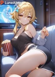 1girls ai_generated alternate_costume apartment ass_focus big_ass big_butt big_thighs black_shirt black_shorts blonde_female blonde_hair eating eating_food exposed_legs female female_focus female_only genshin_impact hoyoverse laying_down living_room looking_at_viewer lumine_(genshin_impact) lunealter mature_female medium_breasts mihoyo night offering_food pale-skinned_female pale_skin popcorn sfw shirt short_hair shorts smile television thick_ass thick_butt thick_hips thick_legs thick_thighs white_jacket yellow_eyes