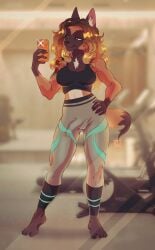 5_toes absurd_res anthro apple_inc. athletic_pants barefoot canid canine canis cellphone clothing cookie_choo domestic_dog electronics erection erection_under_clothing feet genitals gradient_hair gym gynomorph hair herding_dog hi_res humanoid_feet intersex iphone josie_dubois malinois_dog mammal mirror_selfie pastoral_dog penis phone plantigrade selfie sheepdog shirt smartphone solo tank_top toes topwear trans_(lore) trans_woman_(lore)