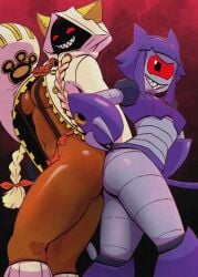 2girls blazblue braided_hair catgirl chaossus crossover dark-skinned_female dark_skin eastern_and_western_character gameoverse large_ass large_breasts malice_(gameoverse) one_eye robot_cat robot_girl robot_humanoid sharp_teeth taokaka twin_braids