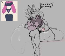 animal_humanoid anthro ass big_butt bodily_fluids canid canid_humanoid canine canine_humanoid clothing crietgh crossed_legs fluffy fluffy_tail fox_ears fox_humanoid genital_fluids genitals hi_res humanoid long_tail male mammal mammal_humanoid neutral_expression penis pink_clothing pink_topwear precum sitting solo spanish_text tail text thought_bubble topwear