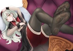 bang_dream! couch feet foot_fetish green_hair lying_on_back reiku09 stockings sweat wakaba_mutsumi