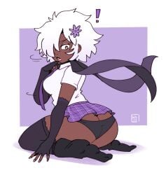 ! 1girls afro ass ass_focus black_panties bowtie dark-skinned_female ebony ebony_female flower_ornament gloves hair_ornament hair_over_one_eye kujikawaii no_more_heroes on_knees panties purple_skirt scarf school_uniform shinobu_jacobs sitting skirt skirt_lift stockings white_hair yellow_eyes zettai_ryouiki