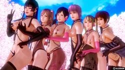 3d 6+girls 6girls areolae ayane_(doa) black_hair blonde_hair breast_grab breasts brown_eyes brown_hair collar dead_or_alive earrings elbow_gloves female female_only gesture gloves groping hair_ornament honey_select honoka_(doa) human jewelry kasumi_(doa) kokoro_(doa) light-skinned_female long_hair marie_rose metagraphy multiple_girls navel nipple_piercings nipples nyotengu one_eye_closed outdoors piercing pink_hair purple_hair red_eyes sex_slave short_hair slave slave_collar slavegirl source_filmmaker tecmo thighhighs thong tied_hair tongue tongue_out topless twintails v very_long_hair wink