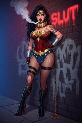 1girls ai_generated black_hair cigarette collar corruption dc dc_comics gold_collar prostitute prostitution smoking tagme tattoo whore wonder_woman wonder_woman_(series)
