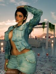 3d 3d_(artwork) 3d_model 3d_render beautiful beautiful_background beautiful_girl big_breasts commissions_open denim_jacket female female_focus female_only freyna_(the_first_descendant) jacket jacket_open oiled oiled_body patreon patreon_artist teasing tfd the_first_descendant valentine's_day