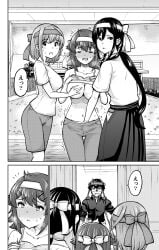 1boy 3girls absurdres bairin_chinatsu blush breasts closed_eyes clothes_lift collarbone commentary_request full-face_blush grabbing_another's_breast greyscale groping hakama hakama_skirt hand_in_another's_clothes hand_in_another's_pants hand_in_pants headband highres japanese_clothes kamite_eishin kamiyagi_kaho large_breasts long_hair monochrome multiple_girls navel onegai_nugashite oomachi_yumi open_mouth panties pants panty_peek ponytail sadistichime shirt short_hair short_sleeves skirt speech_bubble sweat translation_request twitching underwear yuri