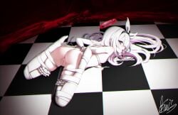 1girls absurdres anus arms_behind_back ass blue_archive bondage bound bound_arms bound_legs bound_wrists breasts censored commentary crossed_wrists female female_only femsub hair_spread_out halo headband highres kiari_art long_hair lying nipples petite pink_hair pink_halo plana_(blue_archive) pussy ribbon small_breasts solo thighhighs white_hair